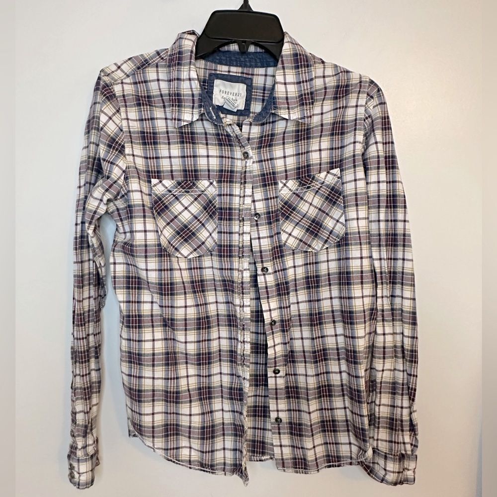Forever 21 Button Down Plaid Long Sleeve Shirt Size Large